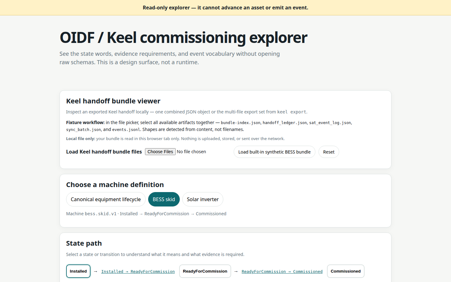 Commissioning explorer showing BESS state path, evidence glossary, and synthetic event timeline