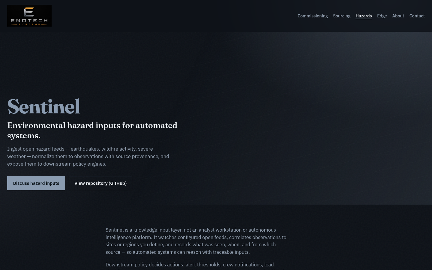 Sentinel hazard knowledge view with environmental observation feeds and provenance labels