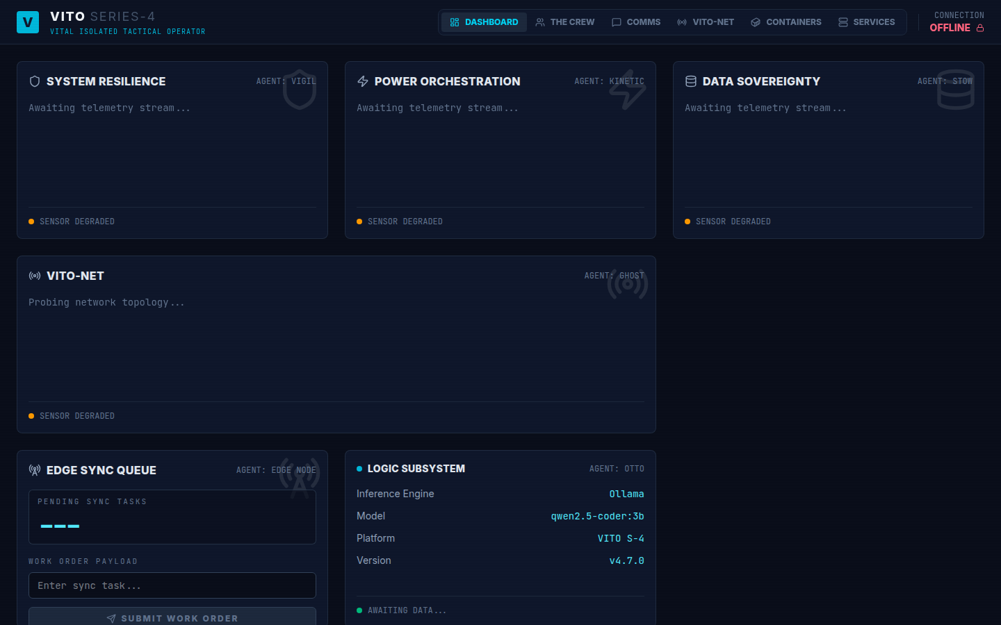 VITO edge operations dashboard with agent status and local site overview panels